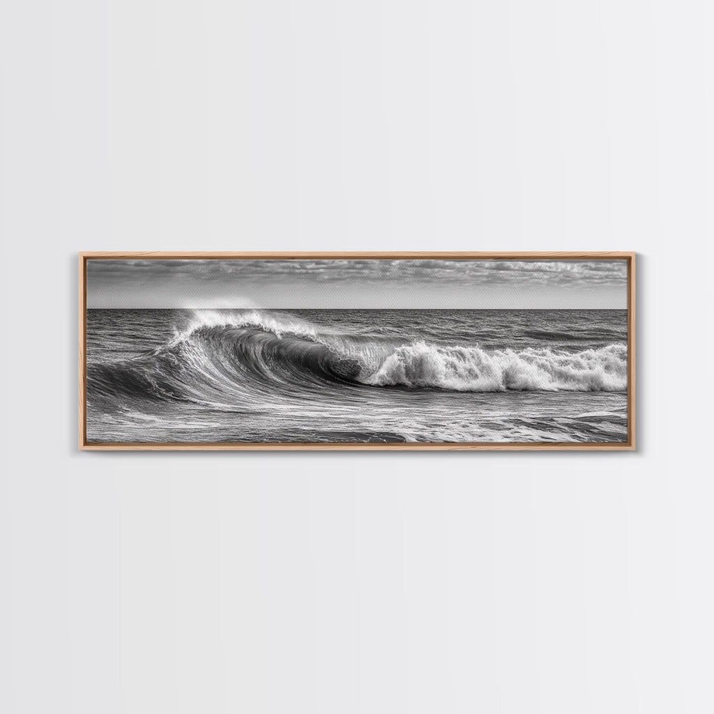 Subdued Black and White Ocean Photography Style Print, Panoramic Wall Art, Wood Framed Canvas Art, Seascapes, Nautical Decor