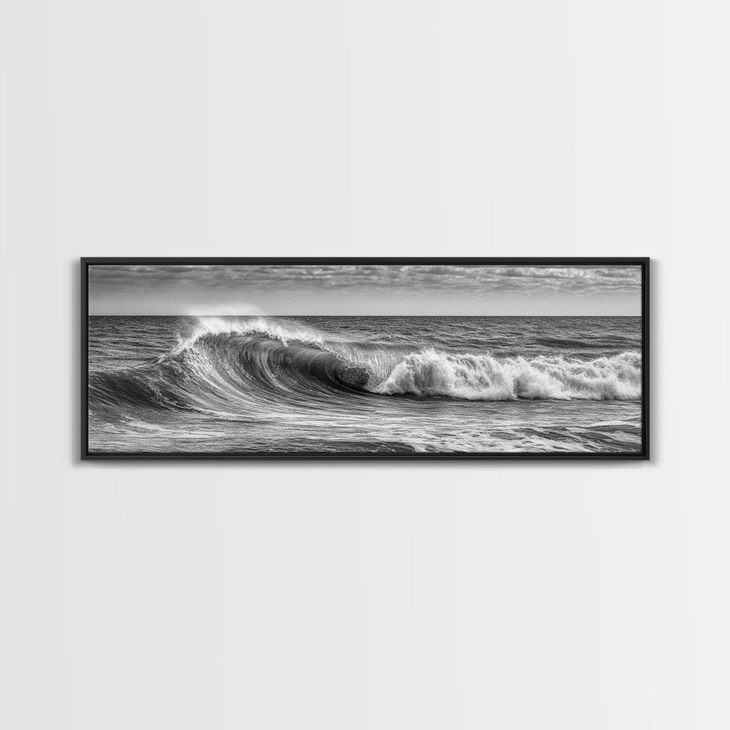 Subdued Black and White Ocean Photography Style Print, Panoramic Wall Art, Wood Framed Canvas Art, Seascapes, Nautical Decor