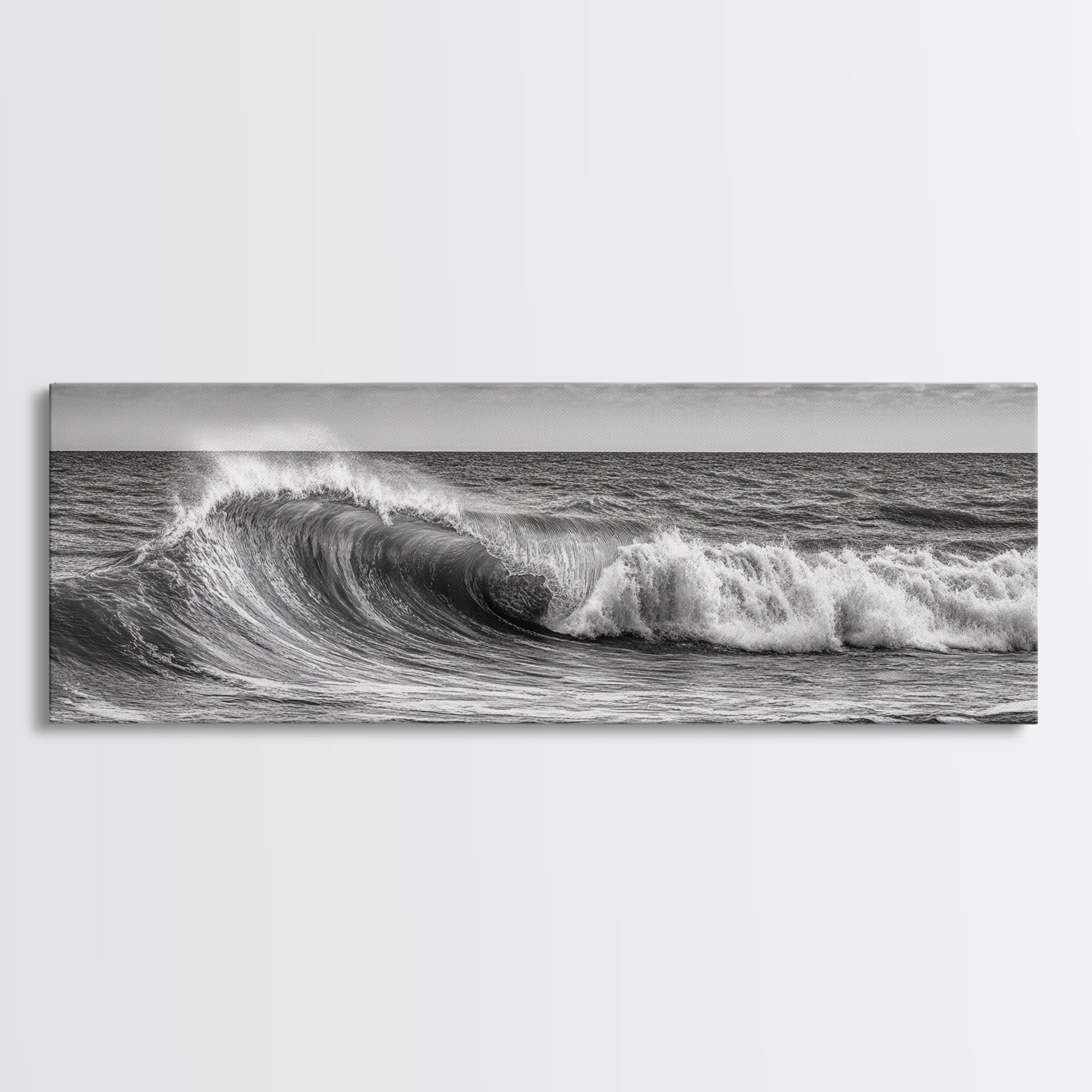 Subdued Black and White Ocean Photography Style Print, Panoramic Wall Art, Wood Framed Canvas Art, Seascapes, Nautical Decor