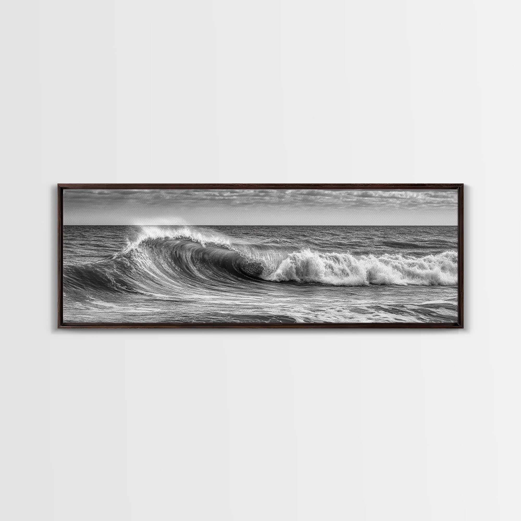 Subdued Black and White Ocean Photography Style Print, Panoramic Wall Art, Wood Framed Canvas Art, Seascapes, Nautical Decor