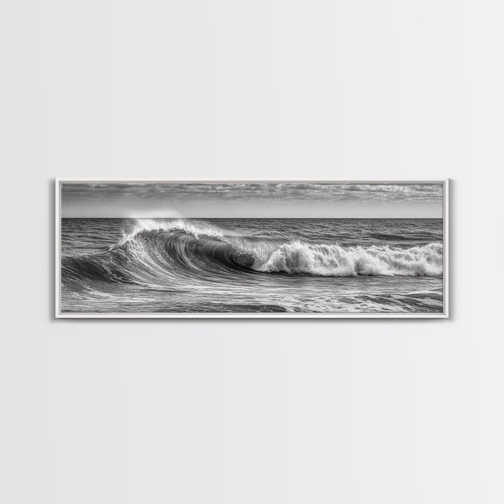 Subdued Black and White Ocean Photography Style Print, Panoramic Wall Art, Wood Framed Canvas Art, Seascapes, Nautical Decor