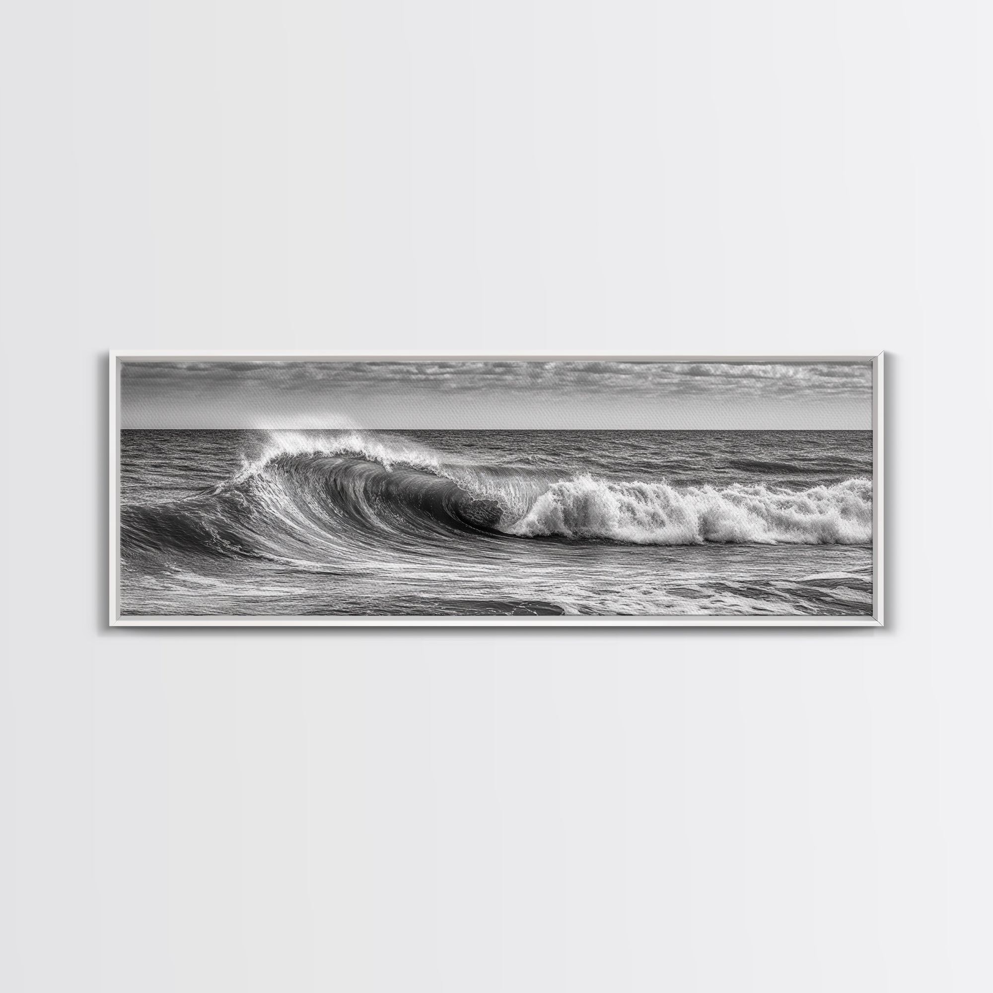 Subdued Black and White Ocean Photography Style Print, Panoramic Wall Art, Wood Framed Canvas Art, Seascapes, Nautical Decor