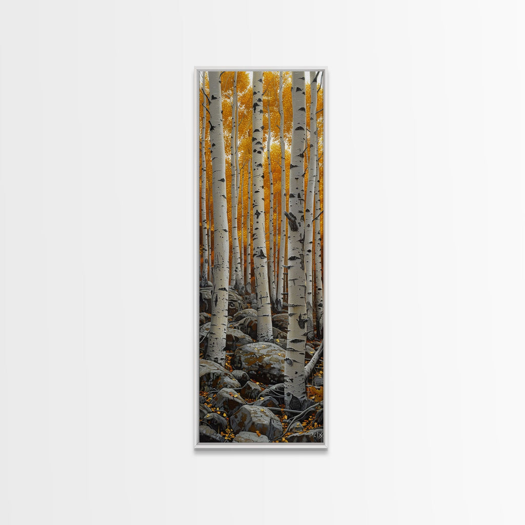 Birch Tree Forest, Framed Canvas Print, Skinny / Tall Wall Art, Living Room Decor, Landscape Painting, Nature Decor