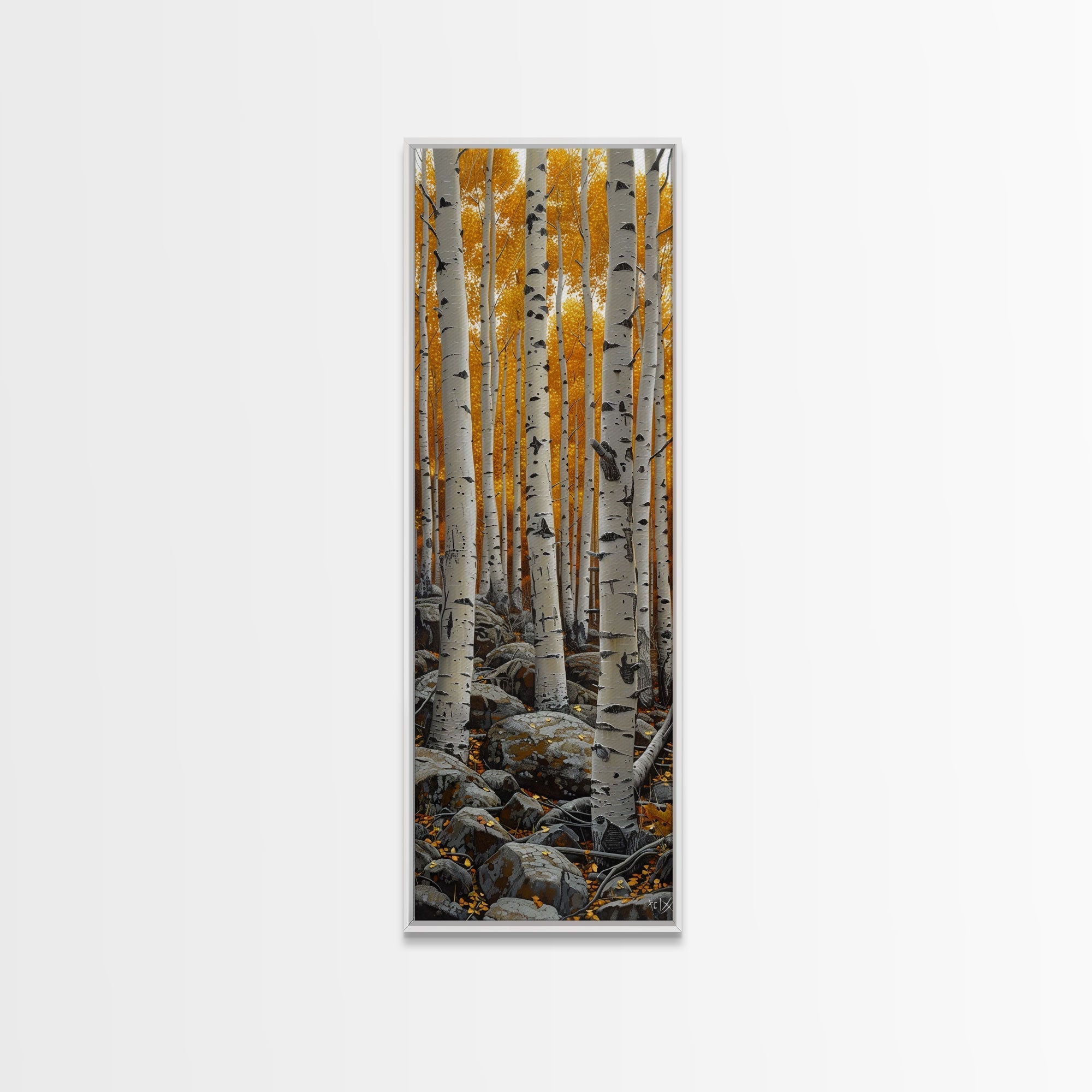 Birch Tree Forest, Framed Canvas Print, Skinny / Tall Wall Art, Living Room Decor, Landscape Painting, Nature Decor