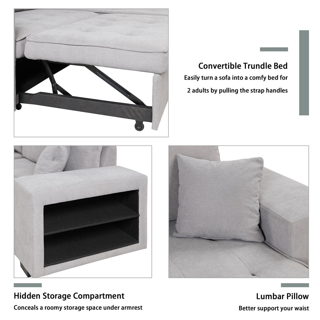 Modern L-Shape 3 Seat Reversible Sectional Couch, Pull Out Sleeper Sofa With Storage Chaise And 2 Stools For Living Room Furniture Set