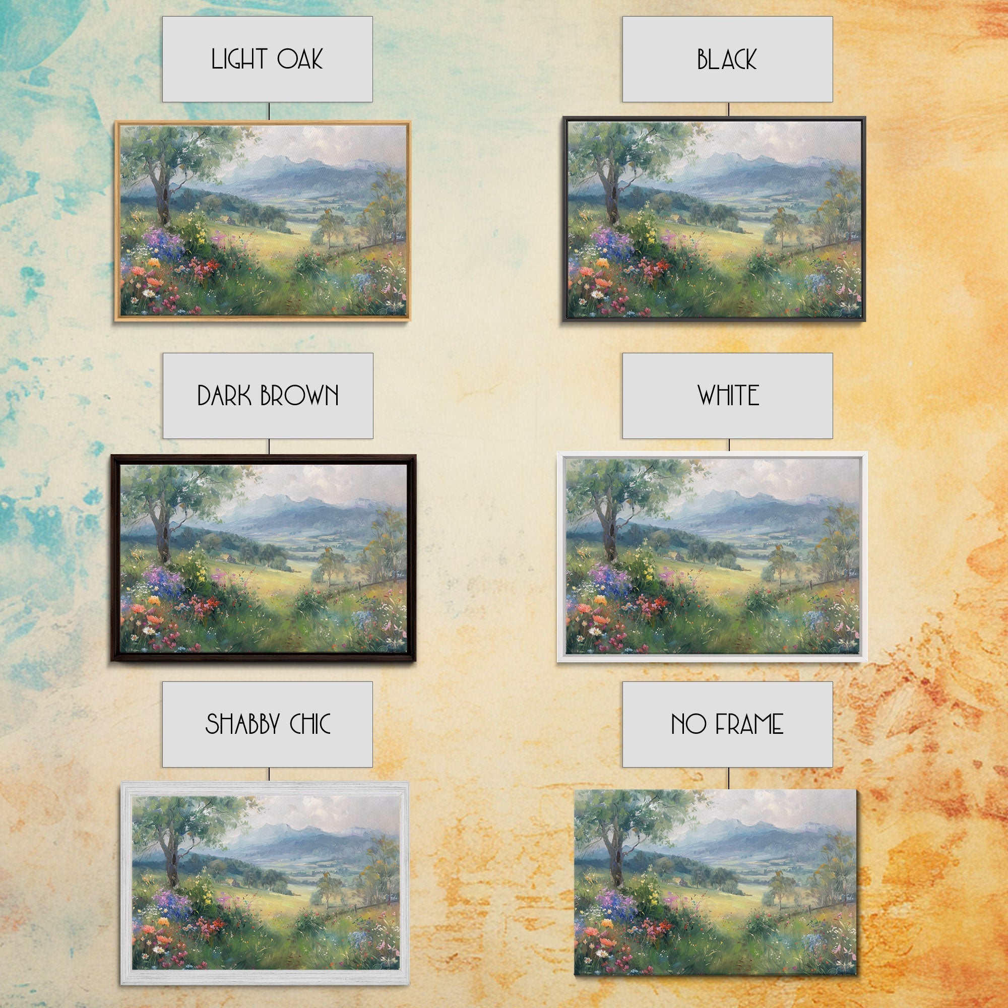 Spring Wildflower Field Landscape Painting Large Wall Art Print, Framed Canvas Nature Wall Decor, Rustic Country Landscape Living Room Art