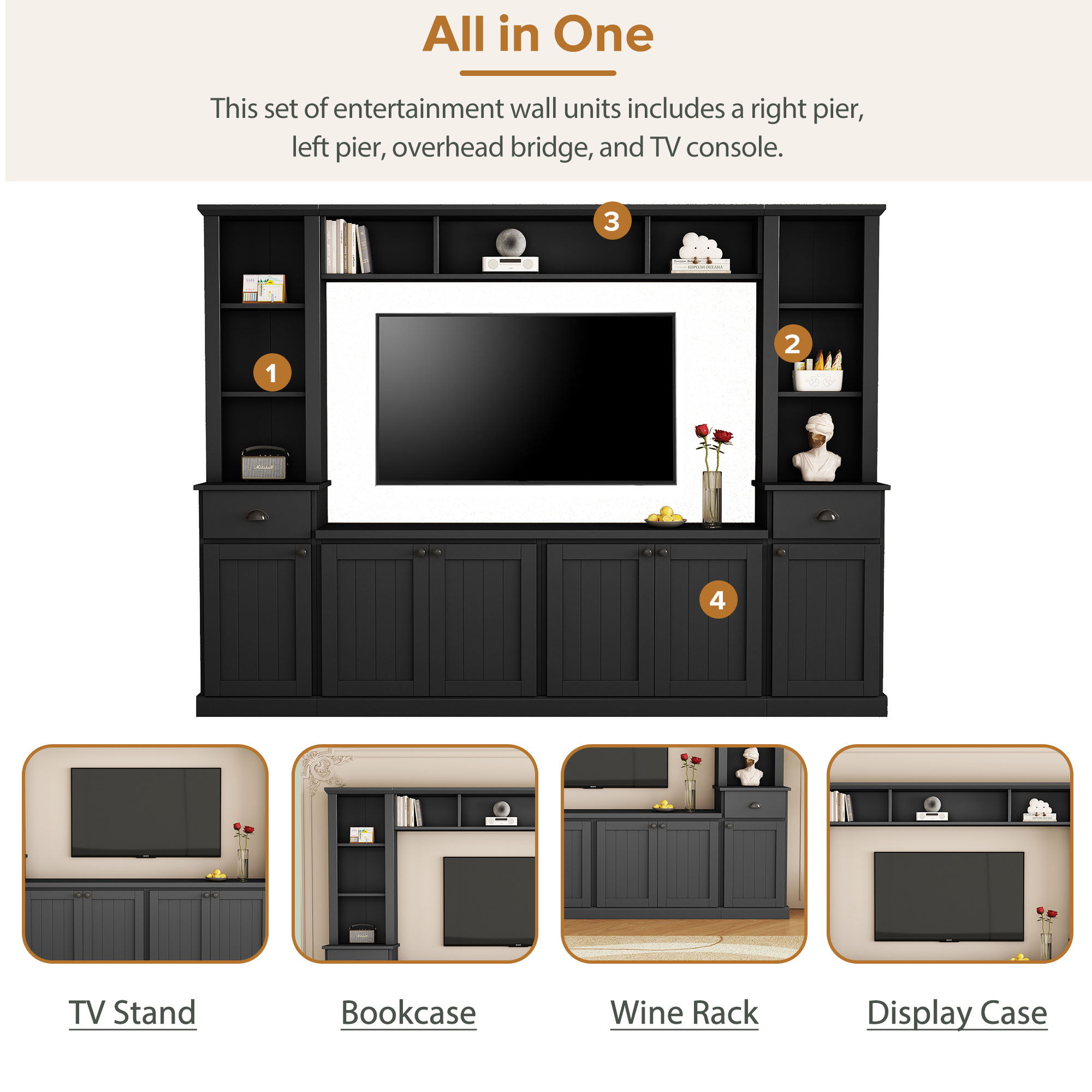Minimalist Entertainment Wall Unit Set With Bridge For TVs Up To 75"