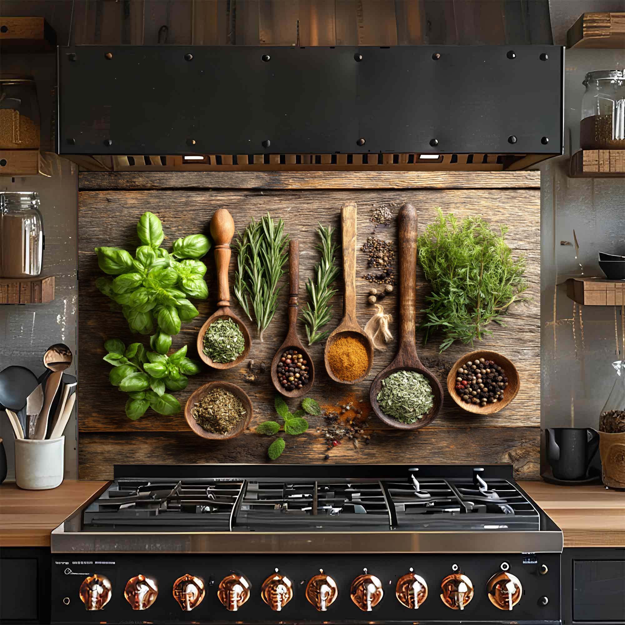 Herbal Harmony – Tempered Glass Backsplash for Kitchen Stove | Rustic Botanical Backsplash